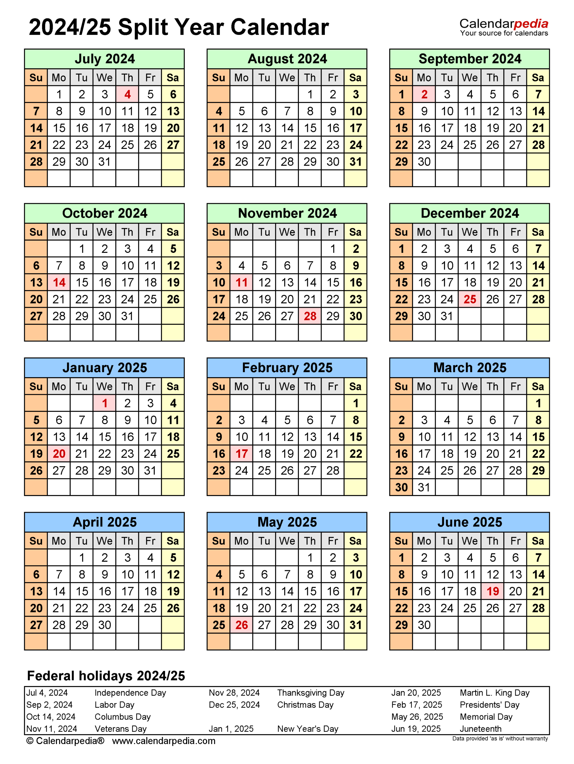 Split Year Calendars 2024/2025 (July To June) - Pdf Templates for Calendar August 2024 To June 2025