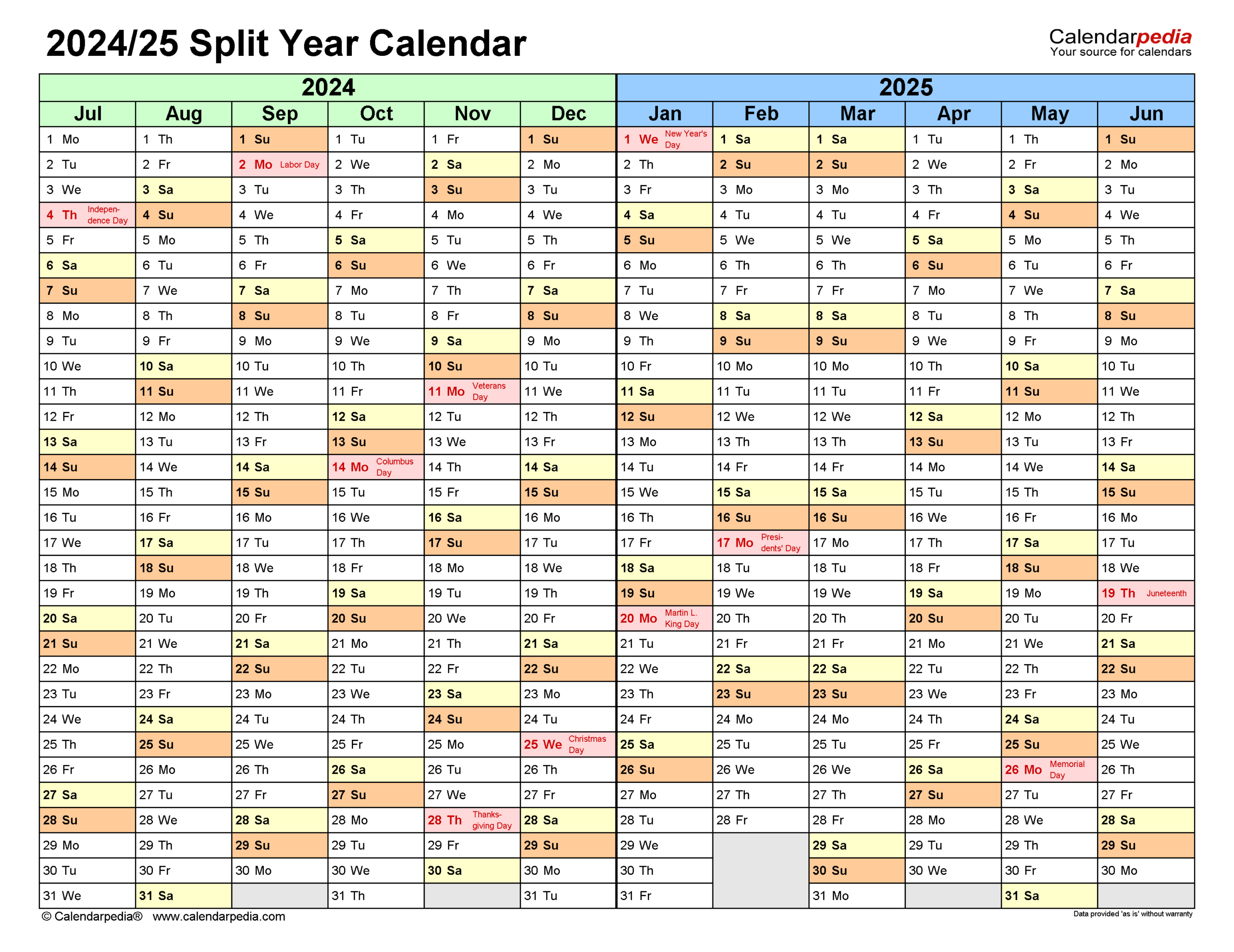Split Year Calendars 2024/2025 (July To June) - Pdf Templates for July 2024 Through June 2025 Calendar