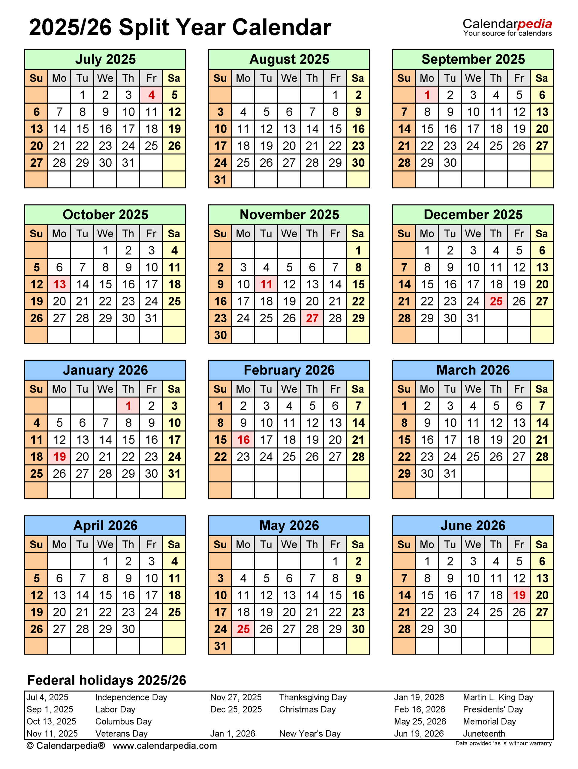 Split Year Calendars 2025/2026 (July To June) - Pdf Templates pertaining to June 2025 - June 2026 Calendar