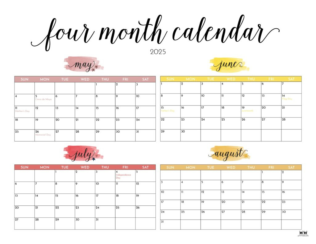 2025 Four Month Calendars - 31 Free Printables | Printabulls with regard to 4 Month Calendar May June July August 2025