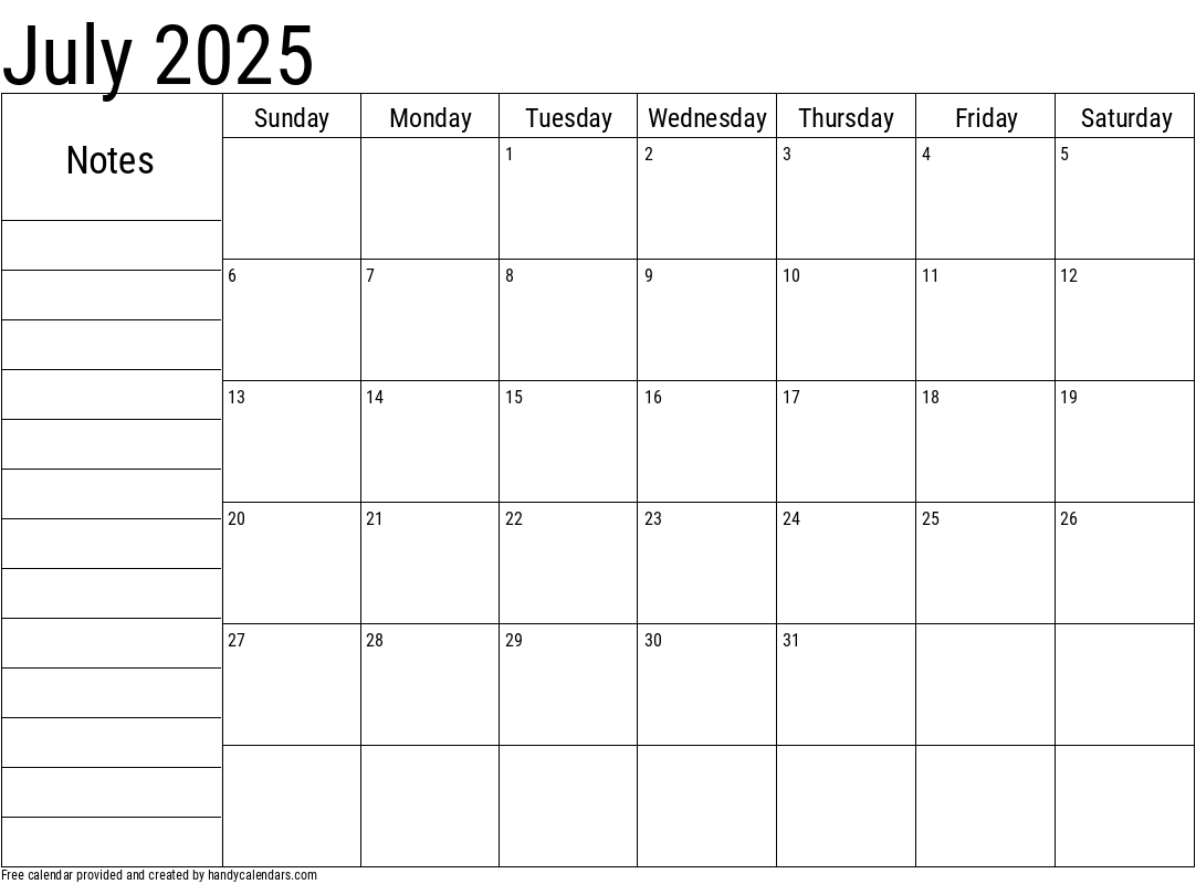 2025 July Calendars - Handy Calendars within July 2025 Calendar With Notes