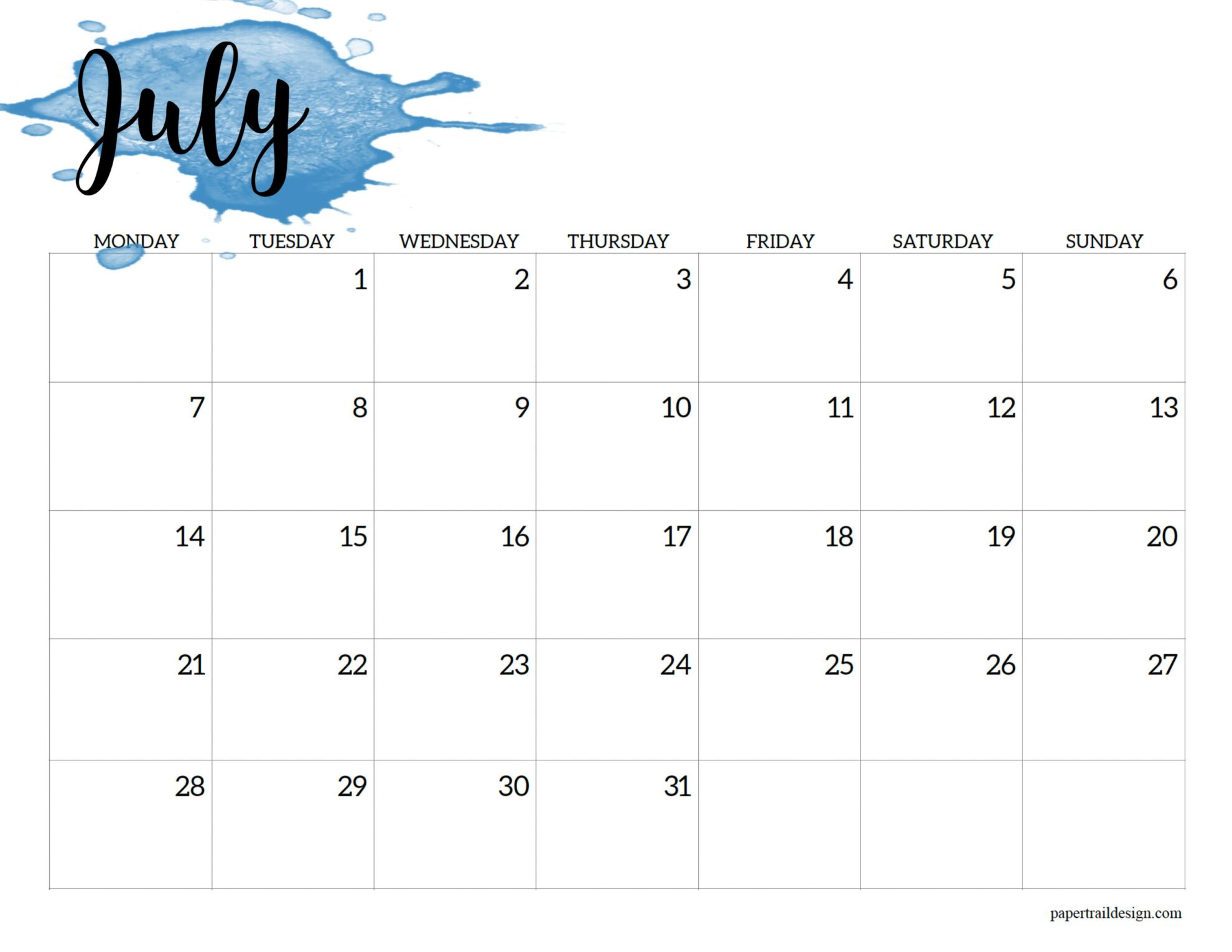 2025 Monday Start Calendar Printable - Watercolor - Paper Trail Design within July Calendar 2025 Monday Start