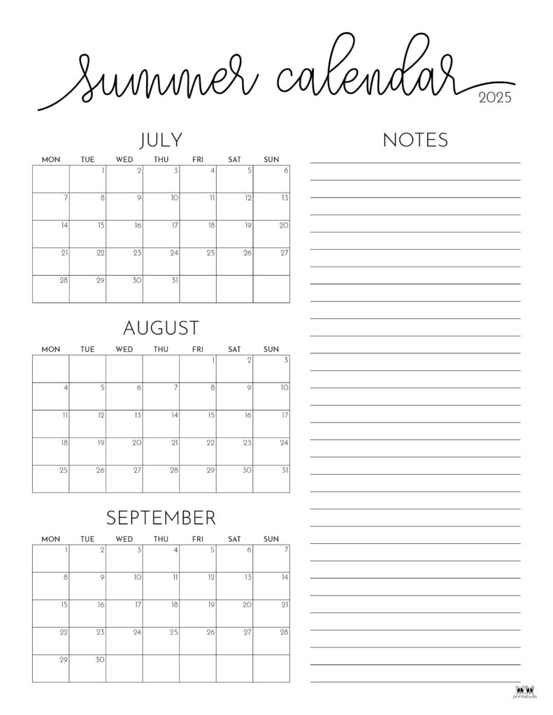 2025 Summer Calendars - 27 Free Printables | Printabulls throughout July And August Printable Calendar 2025