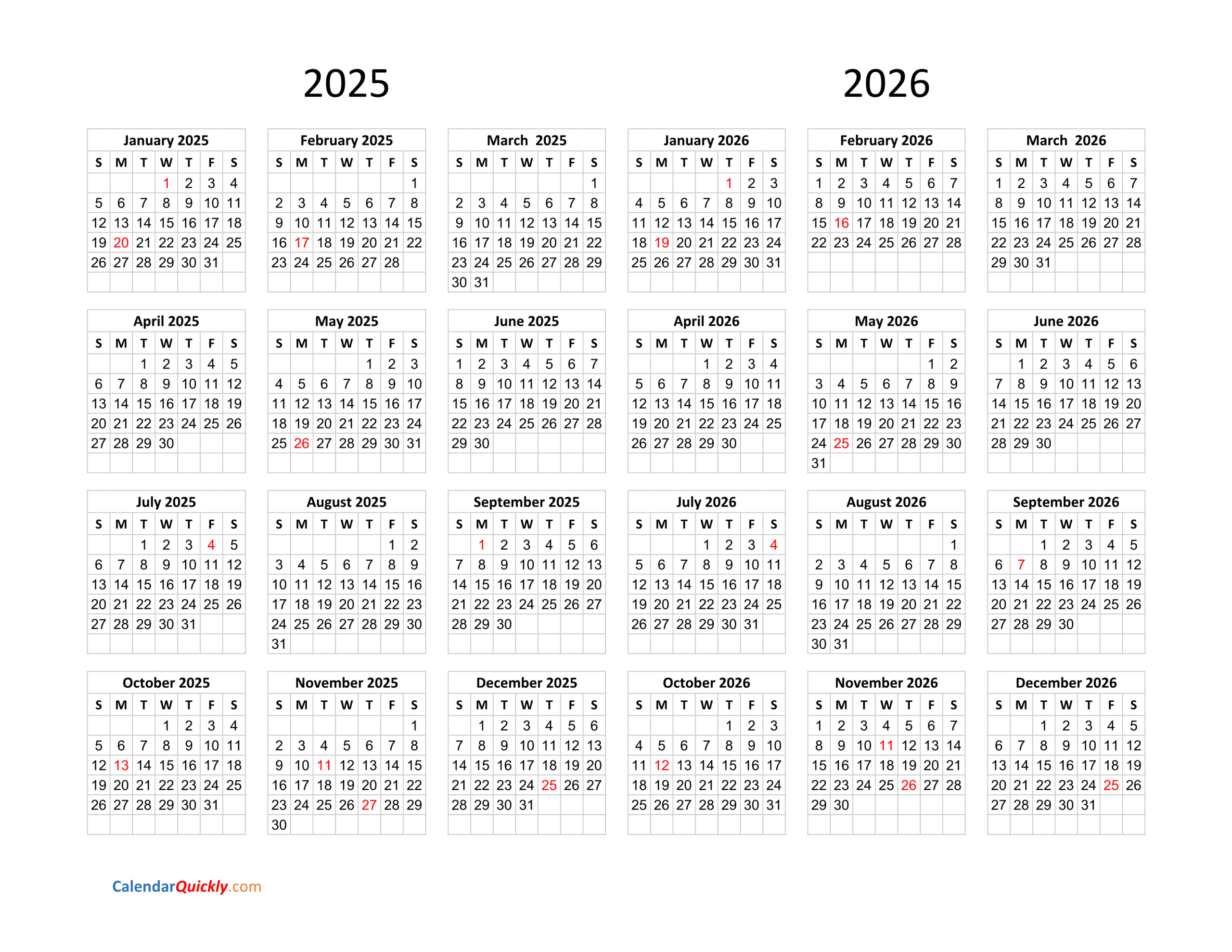 Calendar 2025 And 2026 On One Page | Calendar Quickly within Free Printable Calendar July 2025 June 2026