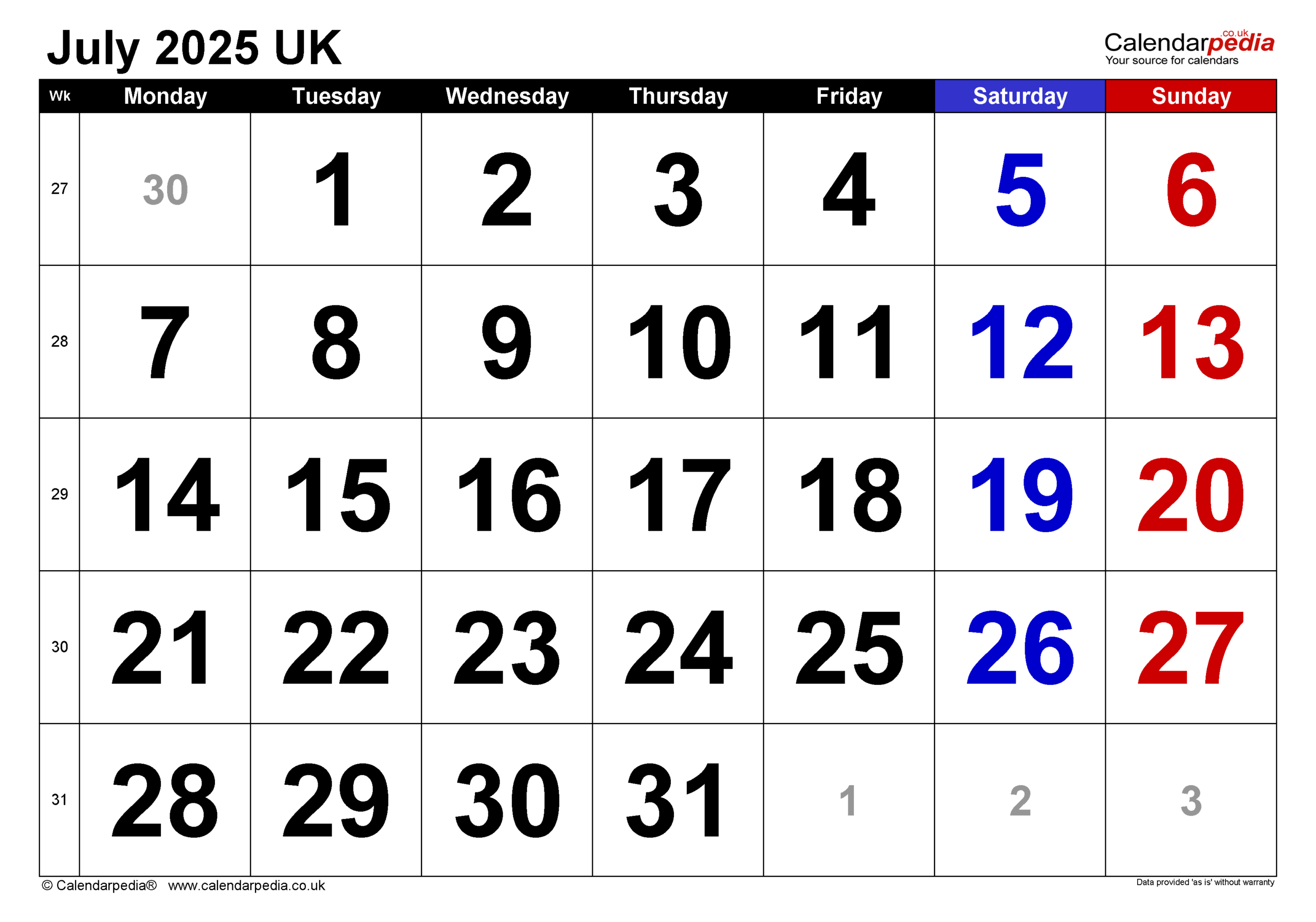 Calendar July 2025 Uk With Pdf, Excel And Word Templates in July 2025 Calendar United Kingdom