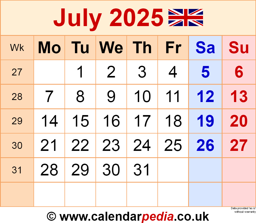 Calendar July 2025 Uk With Pdf, Excel And Word Templates in July 2025 Calendar United Kingdom
