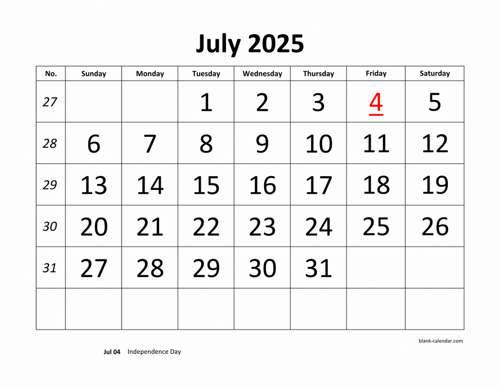 Free Download Printable July 2025 Calendar, Large Font Design inside July 2025 Large Print Calendar
