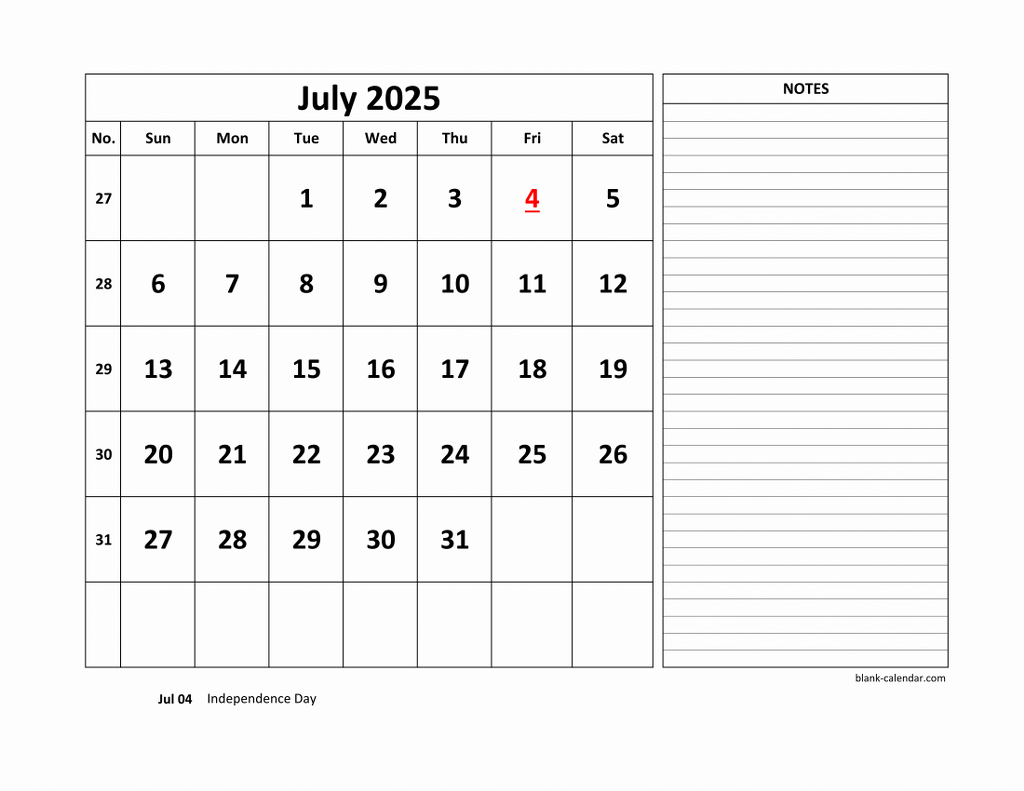 Free Download Printable July 2025 Calendar, Large Space For in July 2025 Calendar With Notes