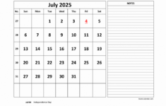 Free Download Printable July 2025 Calendar, Large Space For intended for July 2025 Calendar Printable With Notes