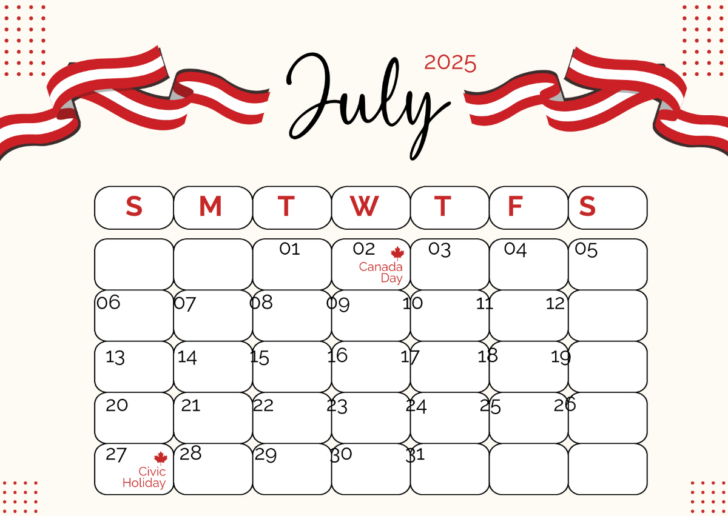July 2025 Canada Calendar Printable
