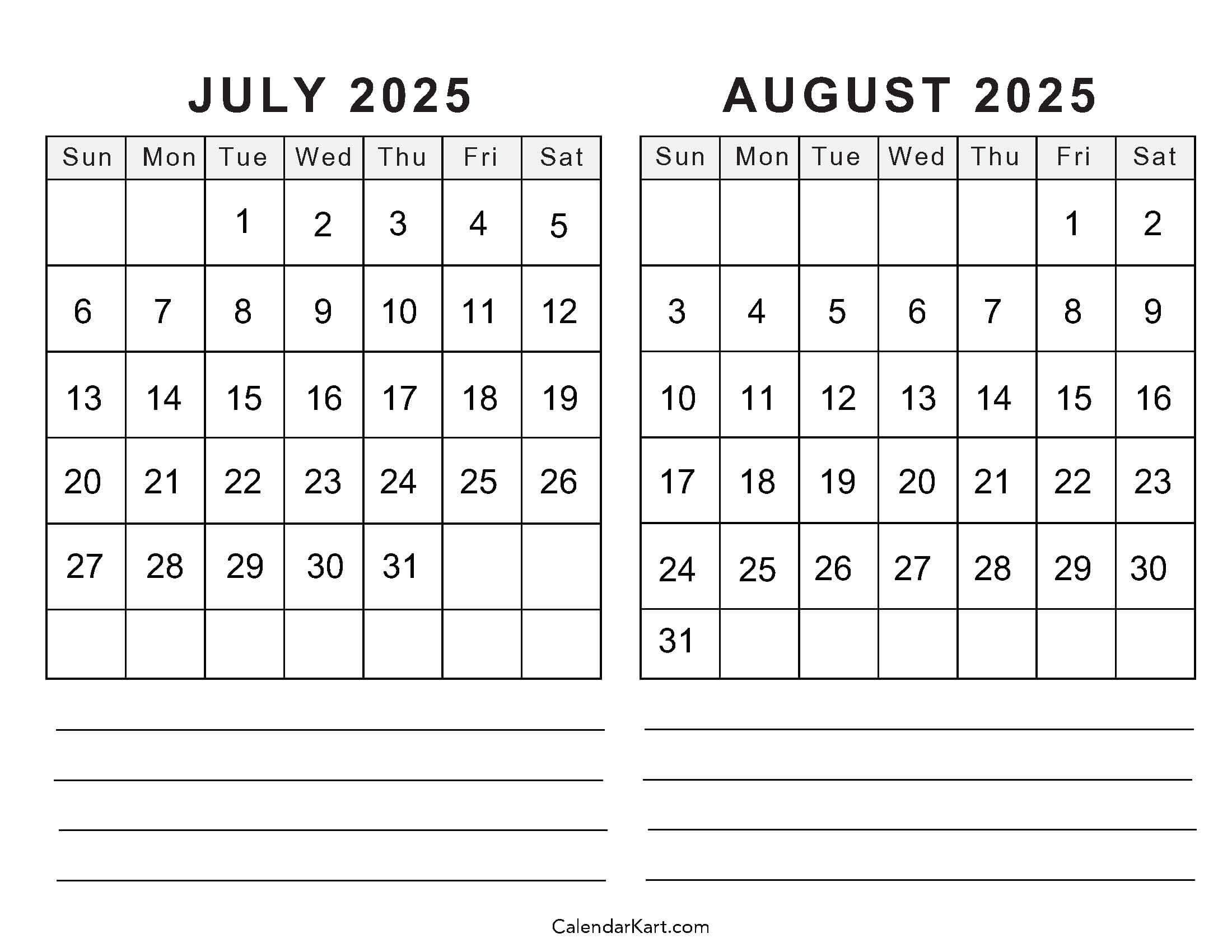 Free Printable July August 2025 Calendar | Calendarkart for July and August 2025 Calendar