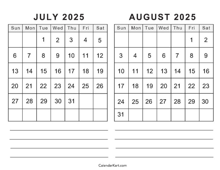 July and August 2025 Printable Calendar