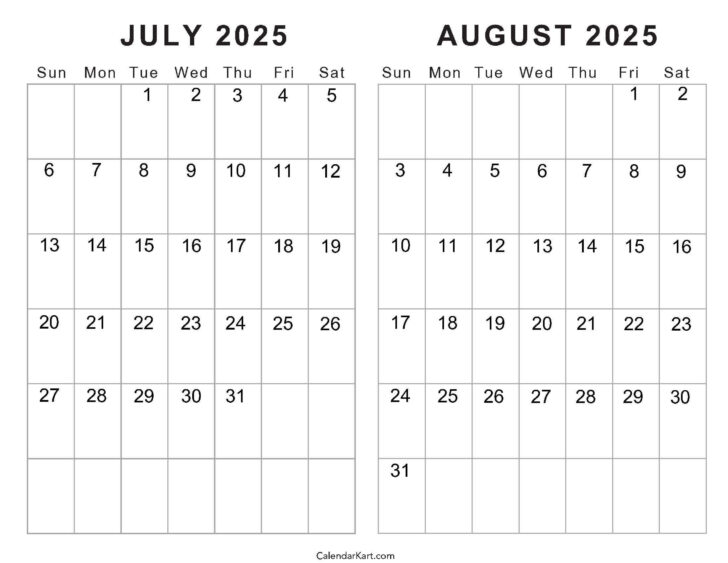 Printable Monthly Calendar July and August 2025