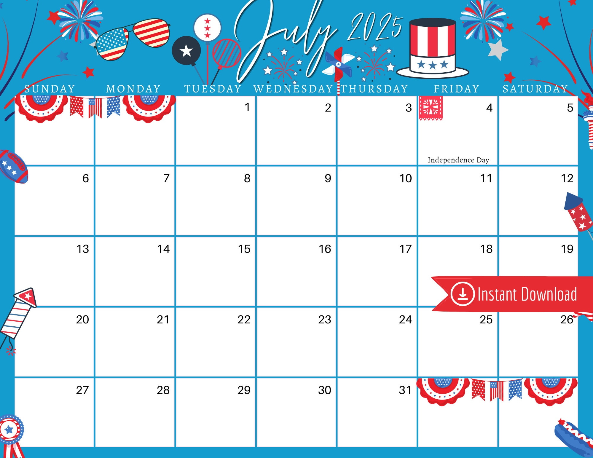 Juli 2025 Digitaler Kalender - Blauer 4. Juli Planer Bearbeitbarer intended for July 4th 2025 Calendar