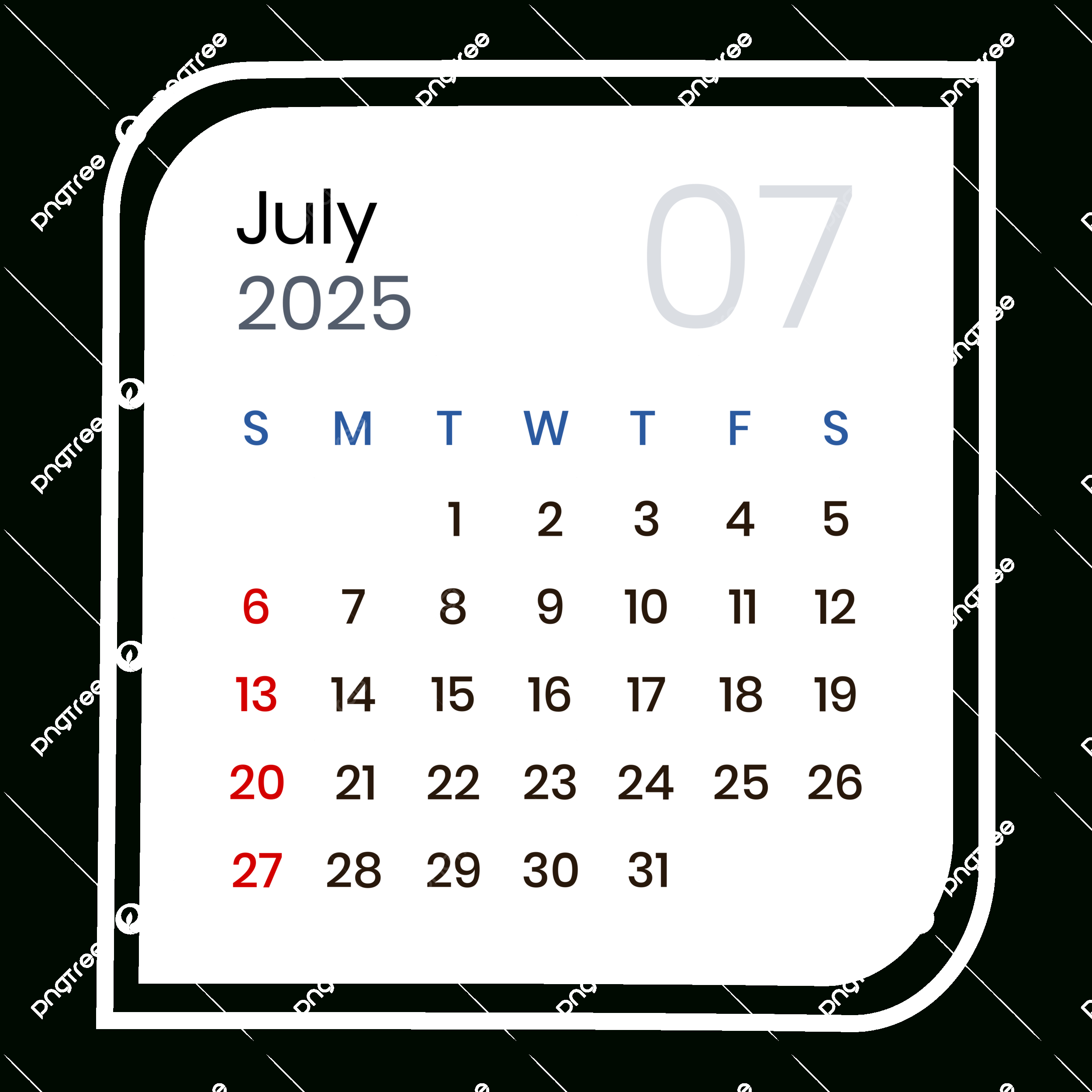 July 2025 Calendar Elegant Vector, July 2025, July 2025 Calendar with July Calendar 2025 Png