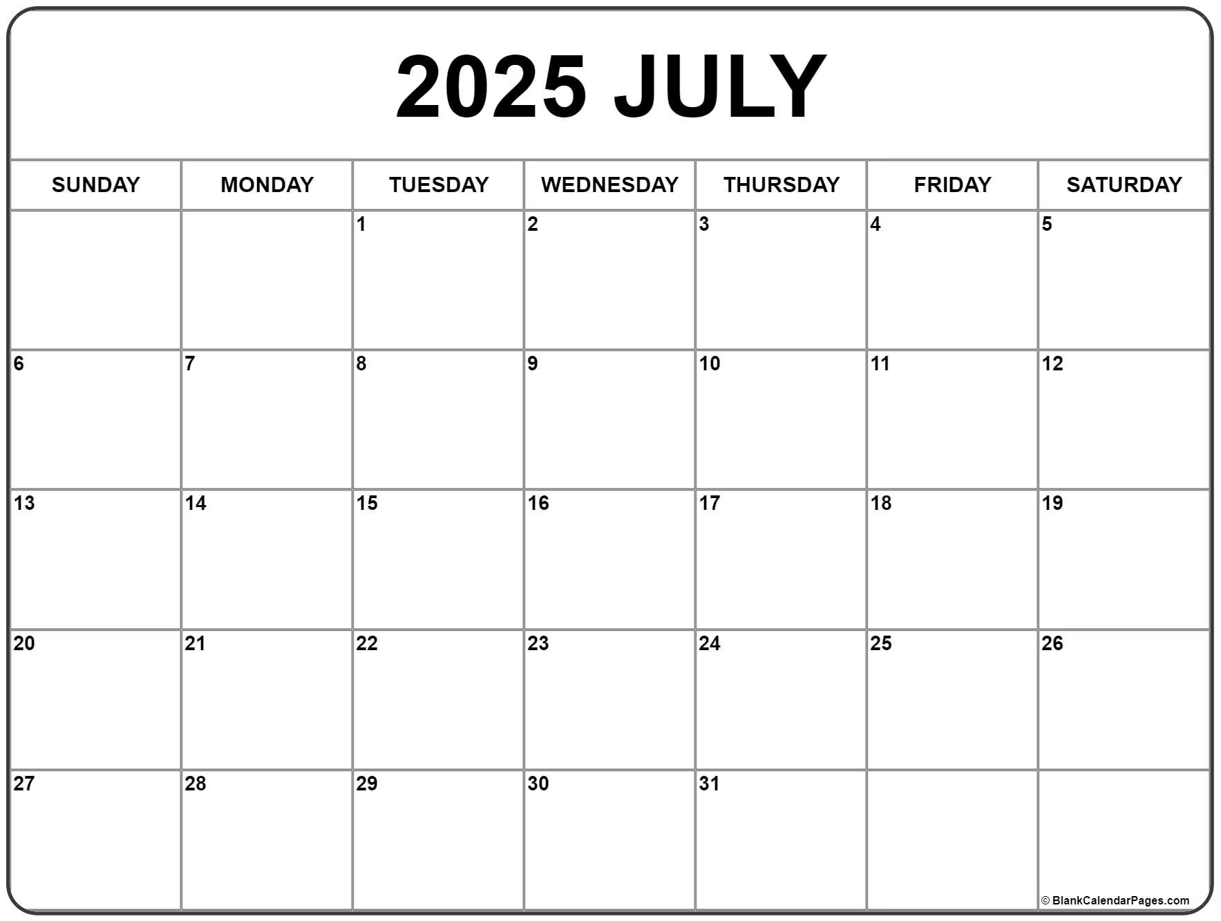 July 2025 Calendar | Free Printable Calendars throughout Blank July 2025 Calendar Printable
