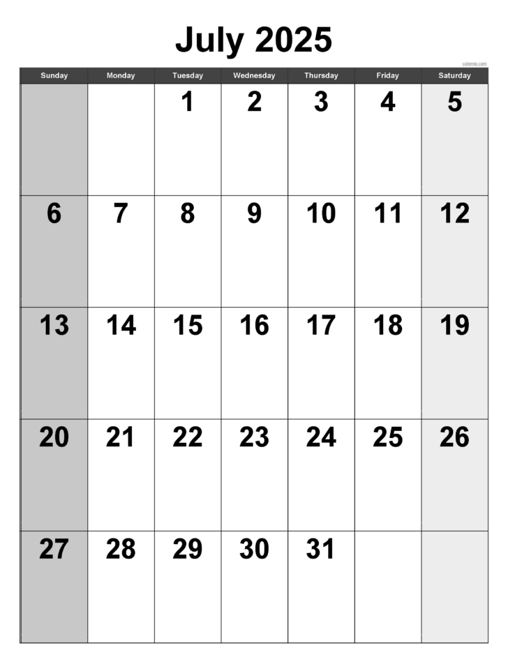 July 2025 Calendar Vertical