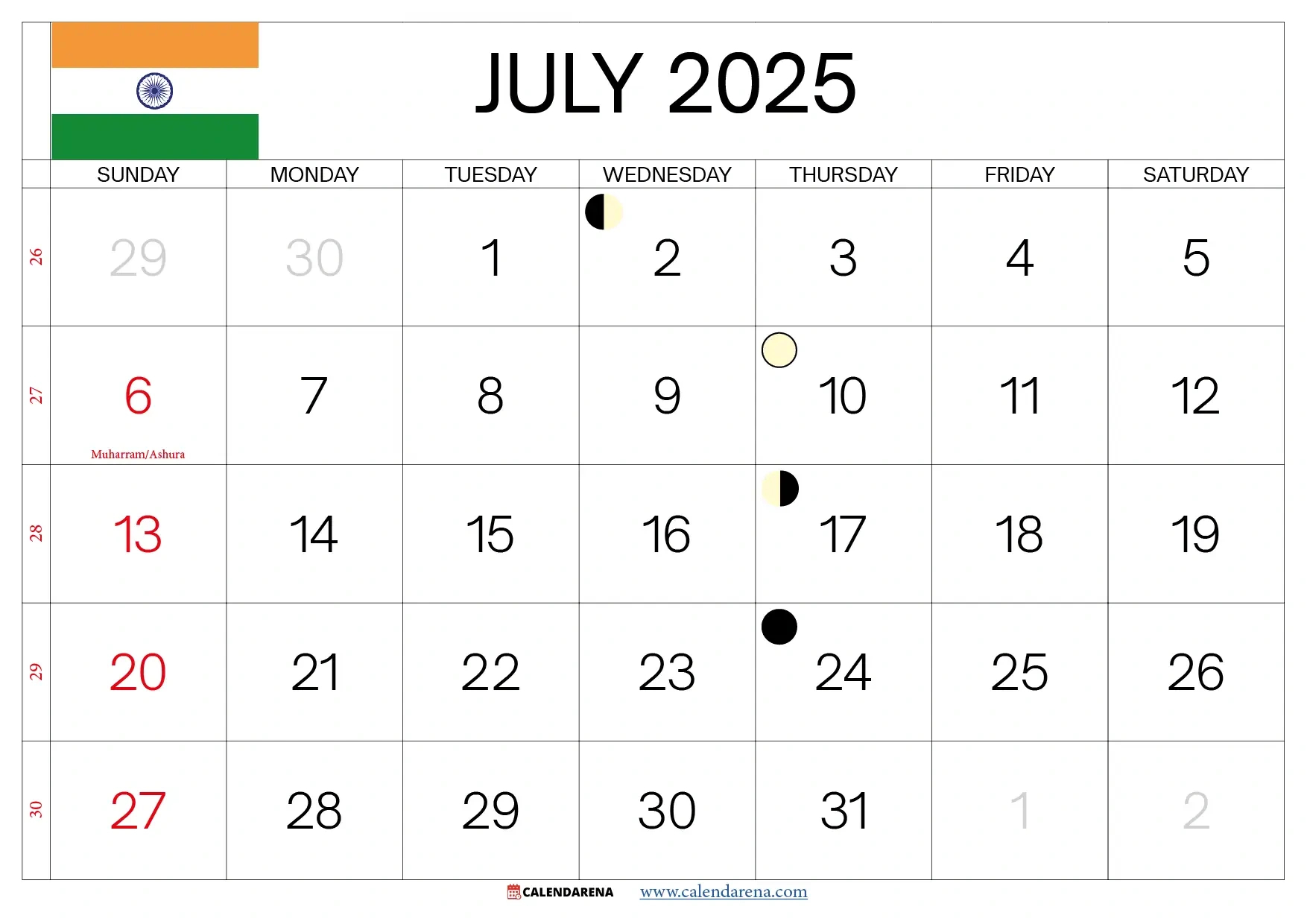 July 2025 Calendar India throughout July Calendar 2025