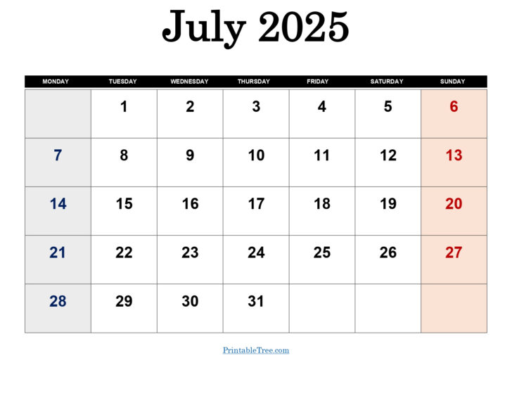 July Calendar 2025 Monday Start