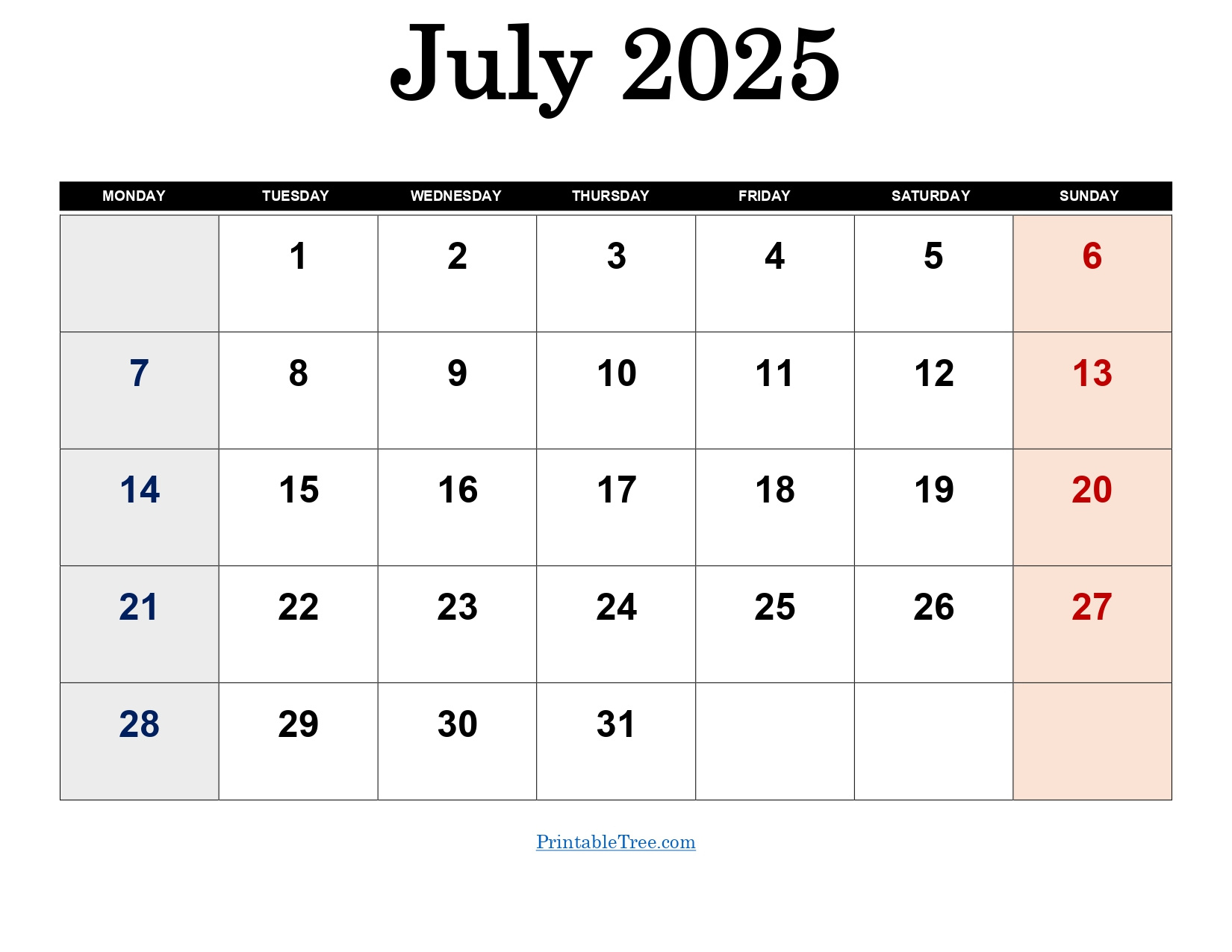 July 2025 Calendar Printable Pdf Template With Holidays regarding July Calendar 2025 Monday Start