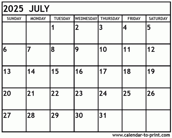 Blank Printable July Calendar 2025