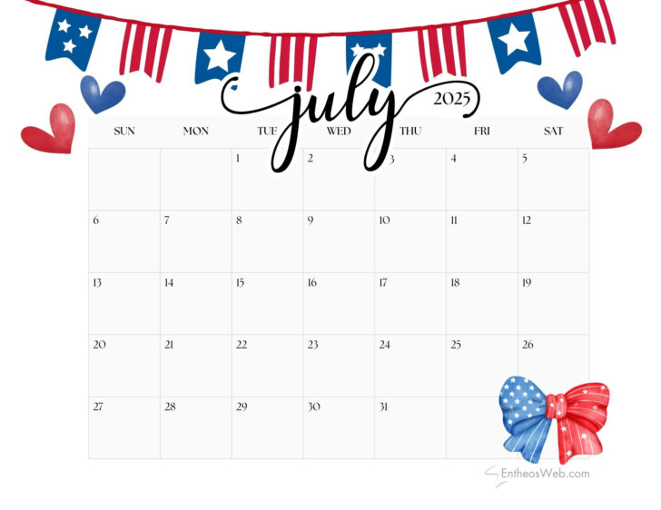 Free Printable Monthly Calendar July 2025