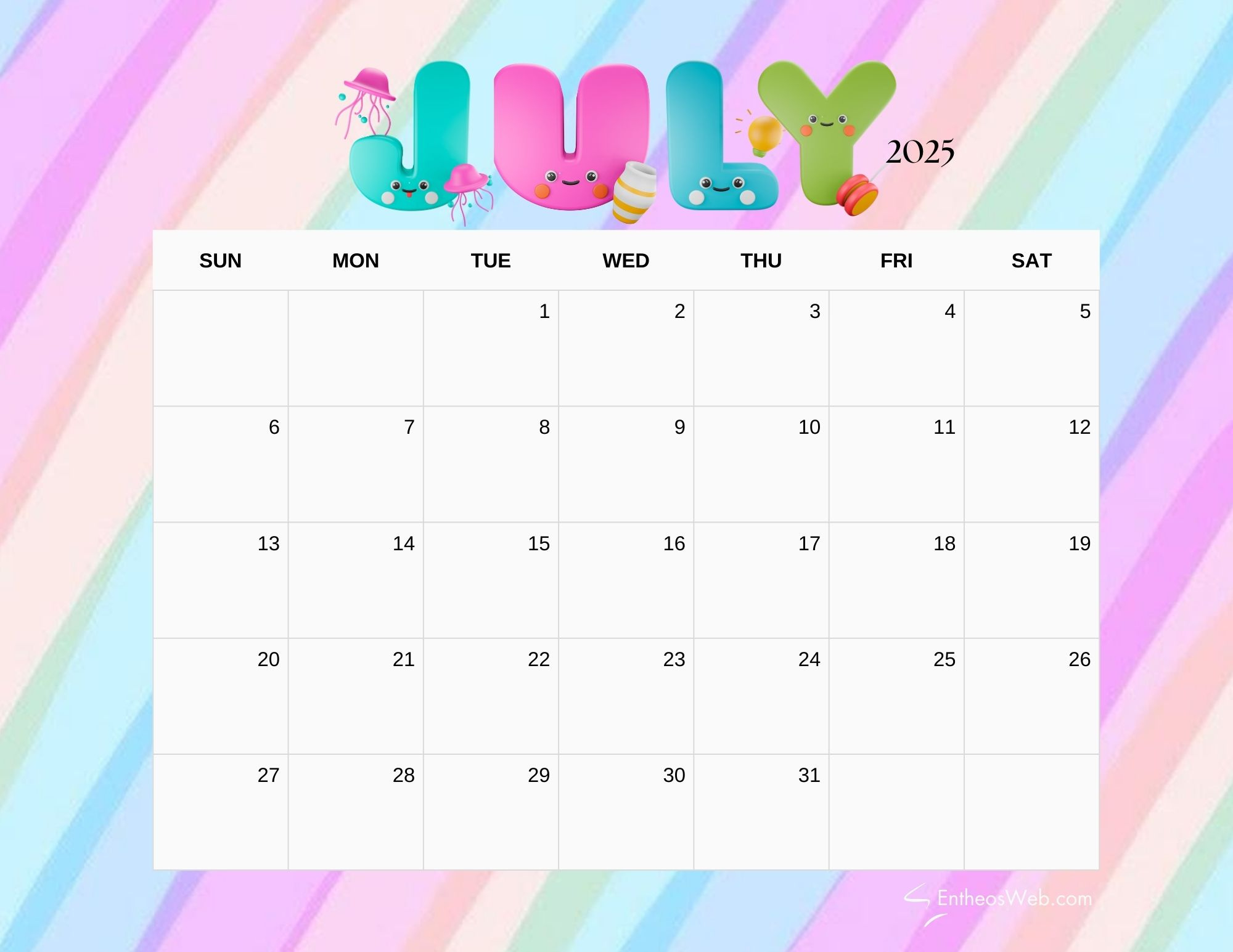 July 2025 Calendar Printables | Entheosweb pertaining to July 2025 Calendar Kids