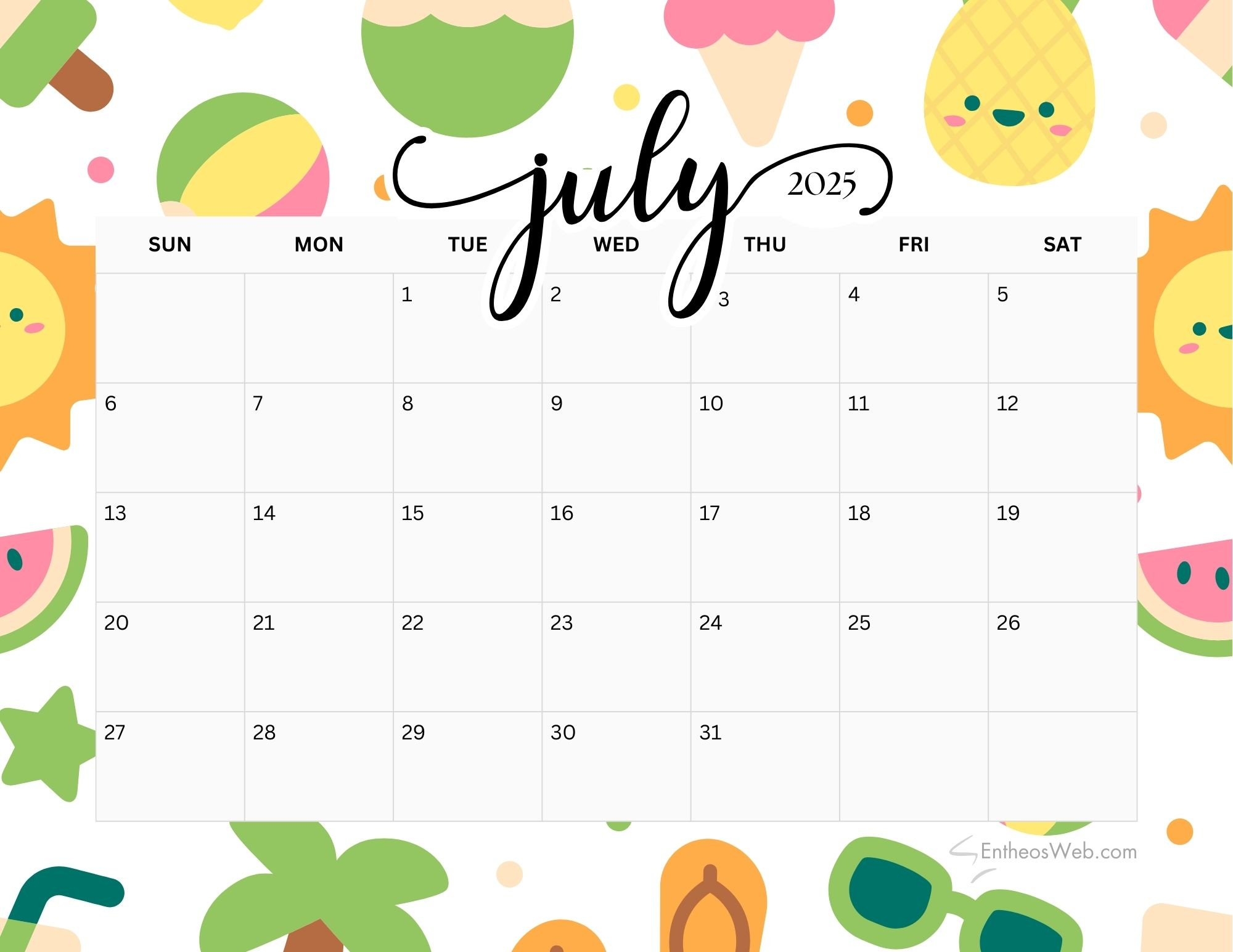 July 2025 Calendar Printables | Entheosweb within July 2025 Calendar Printable Cute
