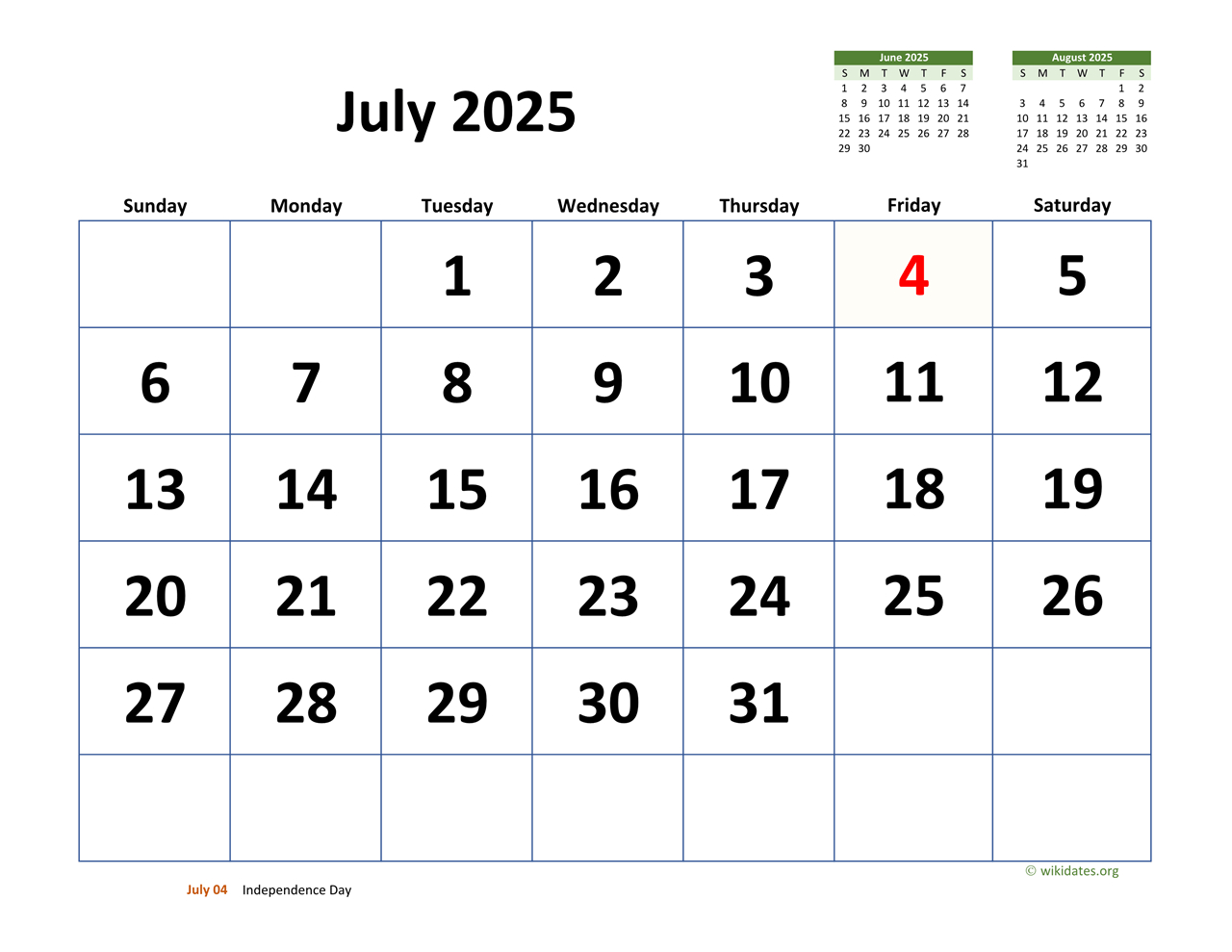 July 2025 Calendar With Extra-Large Dates | Wikidates pertaining to July Calendar 2025 Printable Wiki