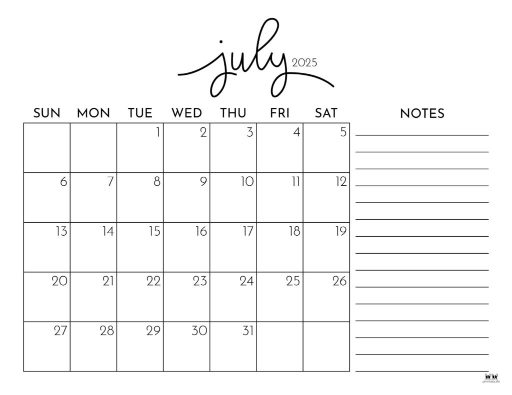 July 2025 Calendars - 107 Free Printables | Printabulls regarding July 2025 Calendar With Notes