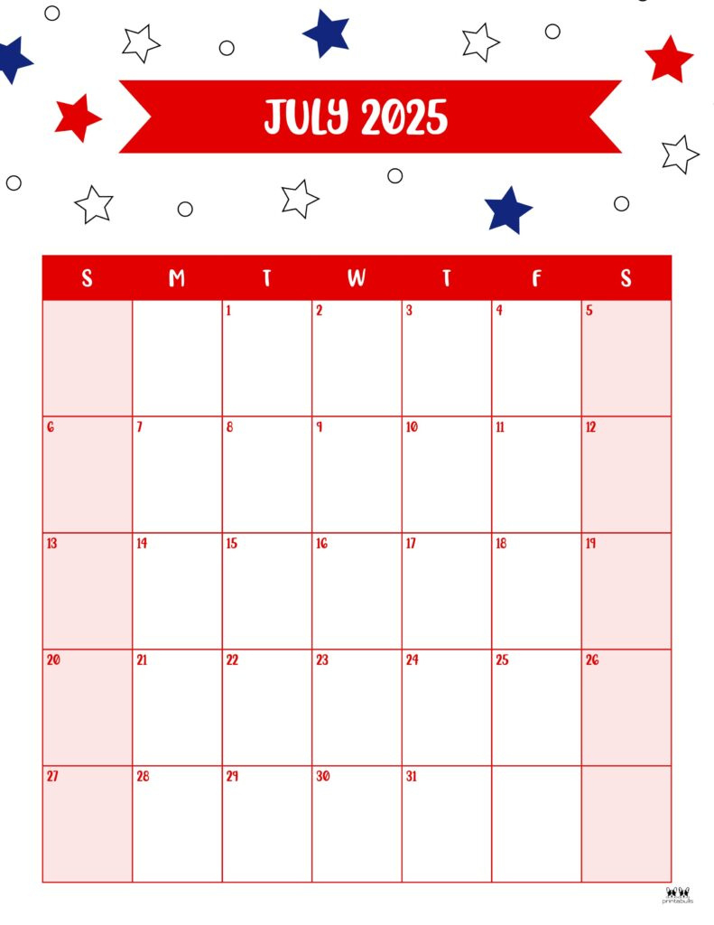 July 2025 Calendars - 107 Free Printables | Printabulls regarding July 2025 Printable Calendar Portrait
