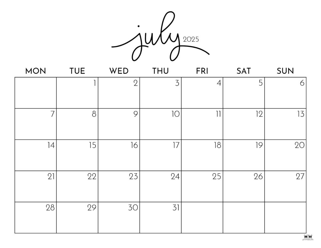 July 2025 Calendars - 107 Free Printables | Printabulls with Free Printable July Calendar 2025 with Holidays