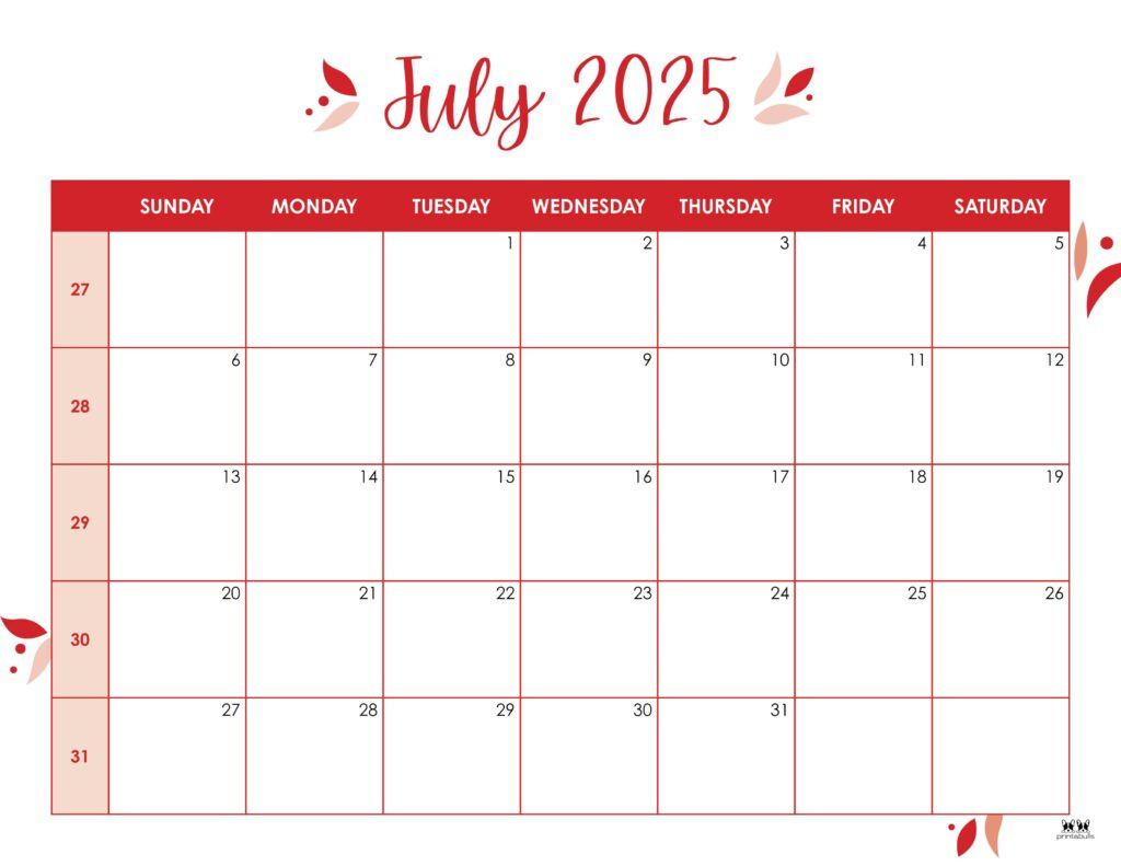 July 2025 Calendars - 107 Free Printables | Printabulls within July 2025 Calendar Printable with Holidays