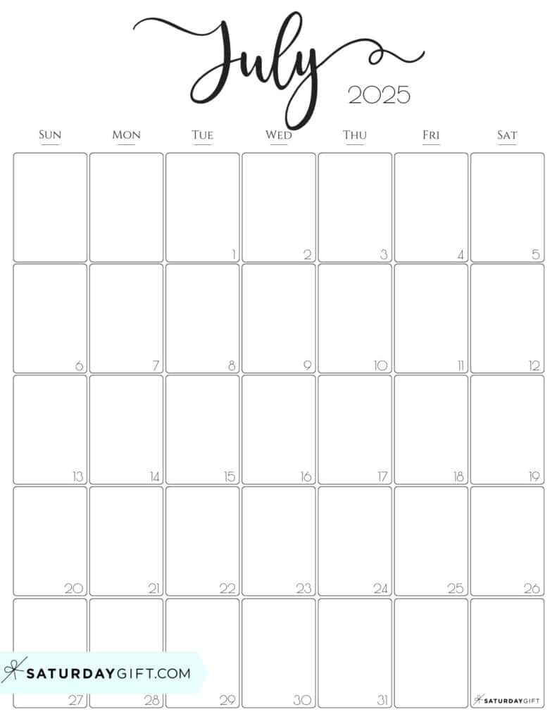 July 2025 Calendars - 23 Cute Free Printable Pdfs | Saturdaygift in July 2025 Printable Calendar Portrait