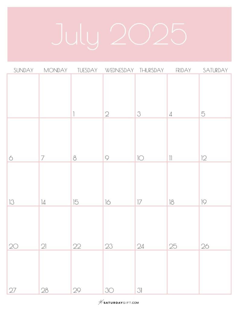 July 2025 Calendars - 23 Cute Free Printable Pdfs | Saturdaygift intended for 3 Month Vertical Calendar Printable July 2025