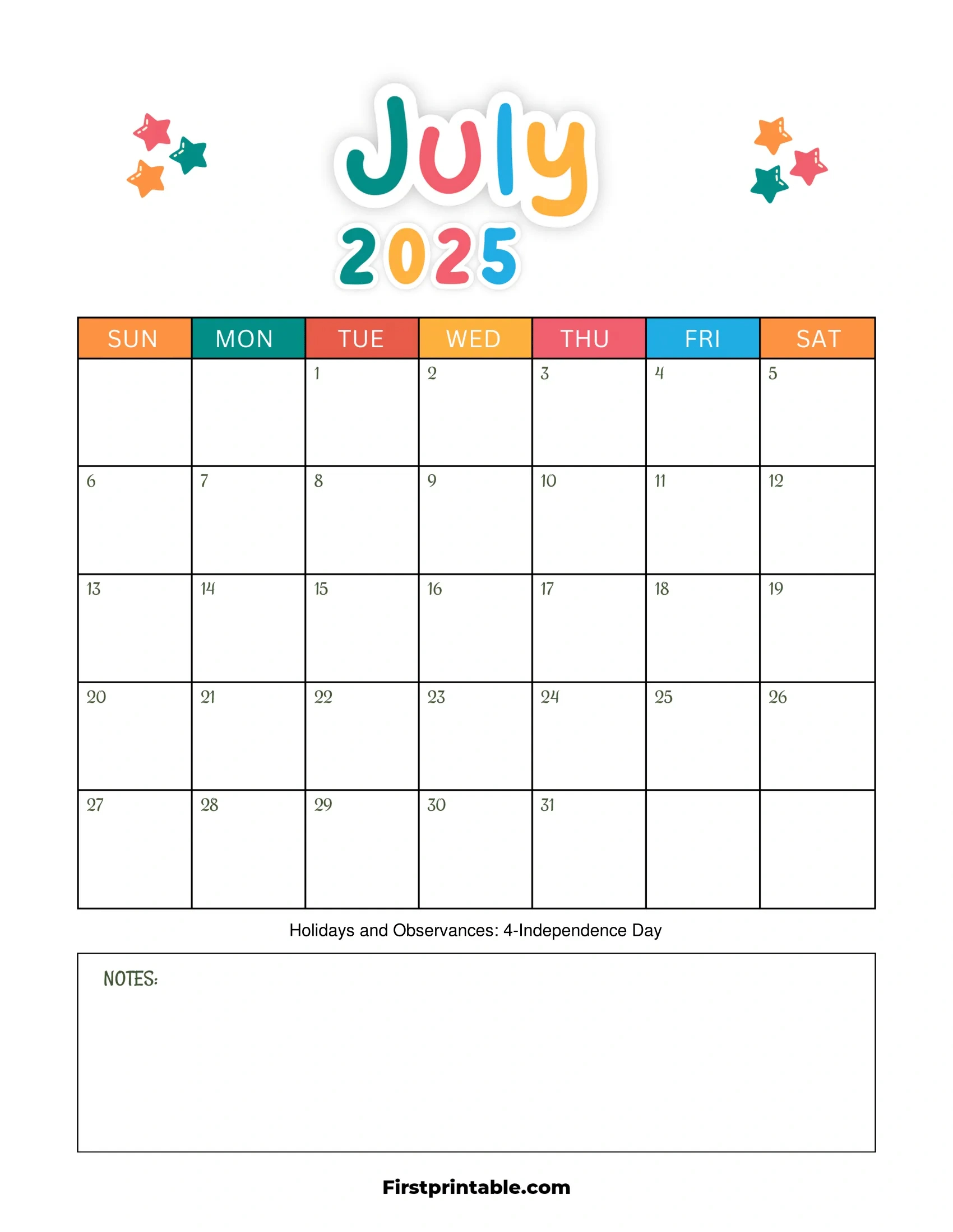 July 2025 Calendars - Free Printable &amp;amp; Fillable intended for July 2025 Calendar Kids