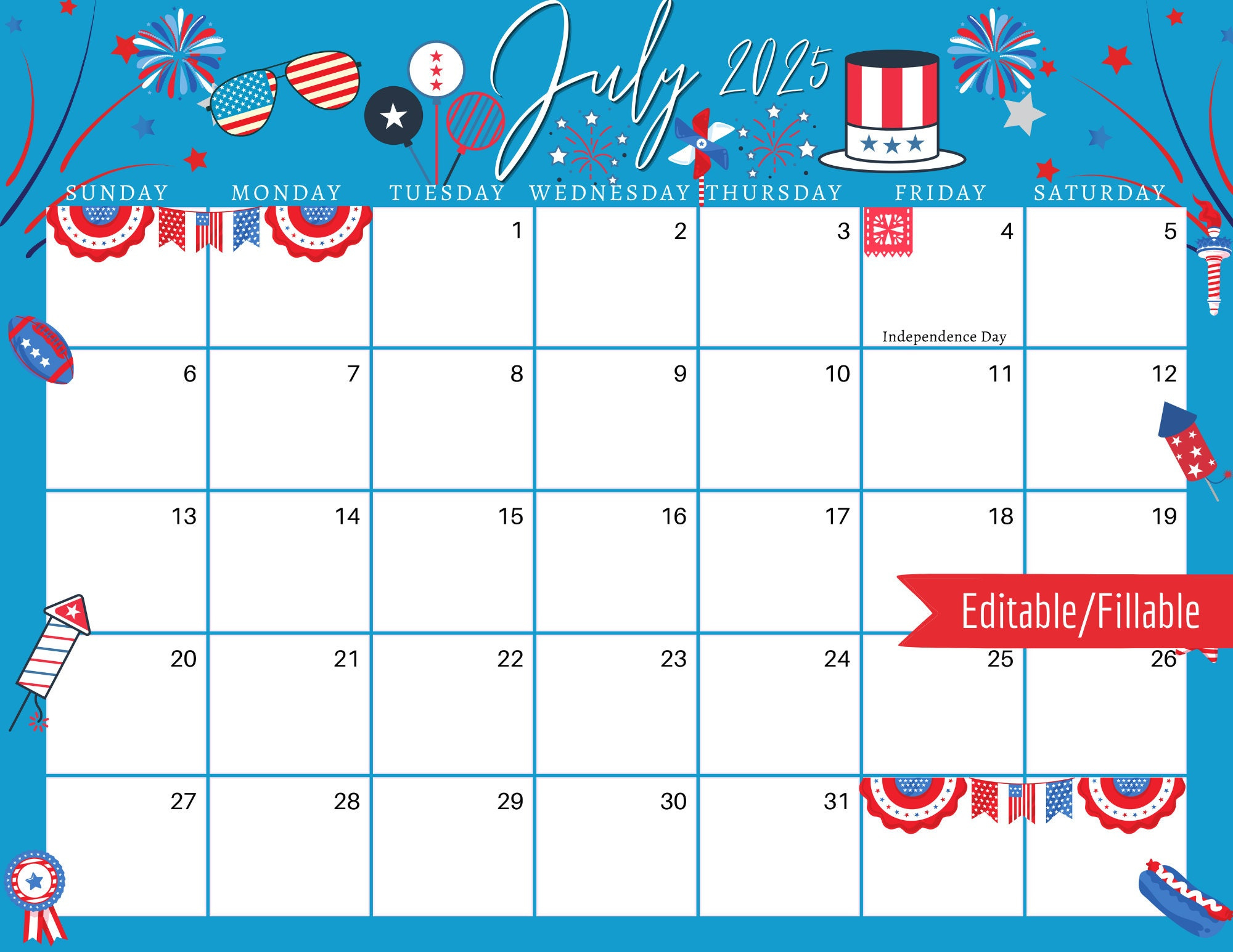 July 2025 Digital Calendar - Blue 4Th Of July Planner Editable with July Calendar 2025 Singapore