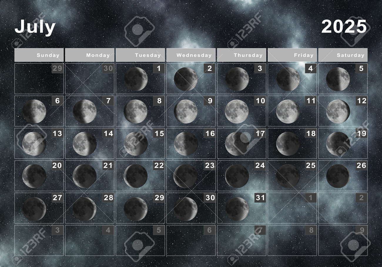 July 2025 Lunar Calendar, Moon Cycles, Moon Phases Stock Photo with Lunar Calendar July 2025