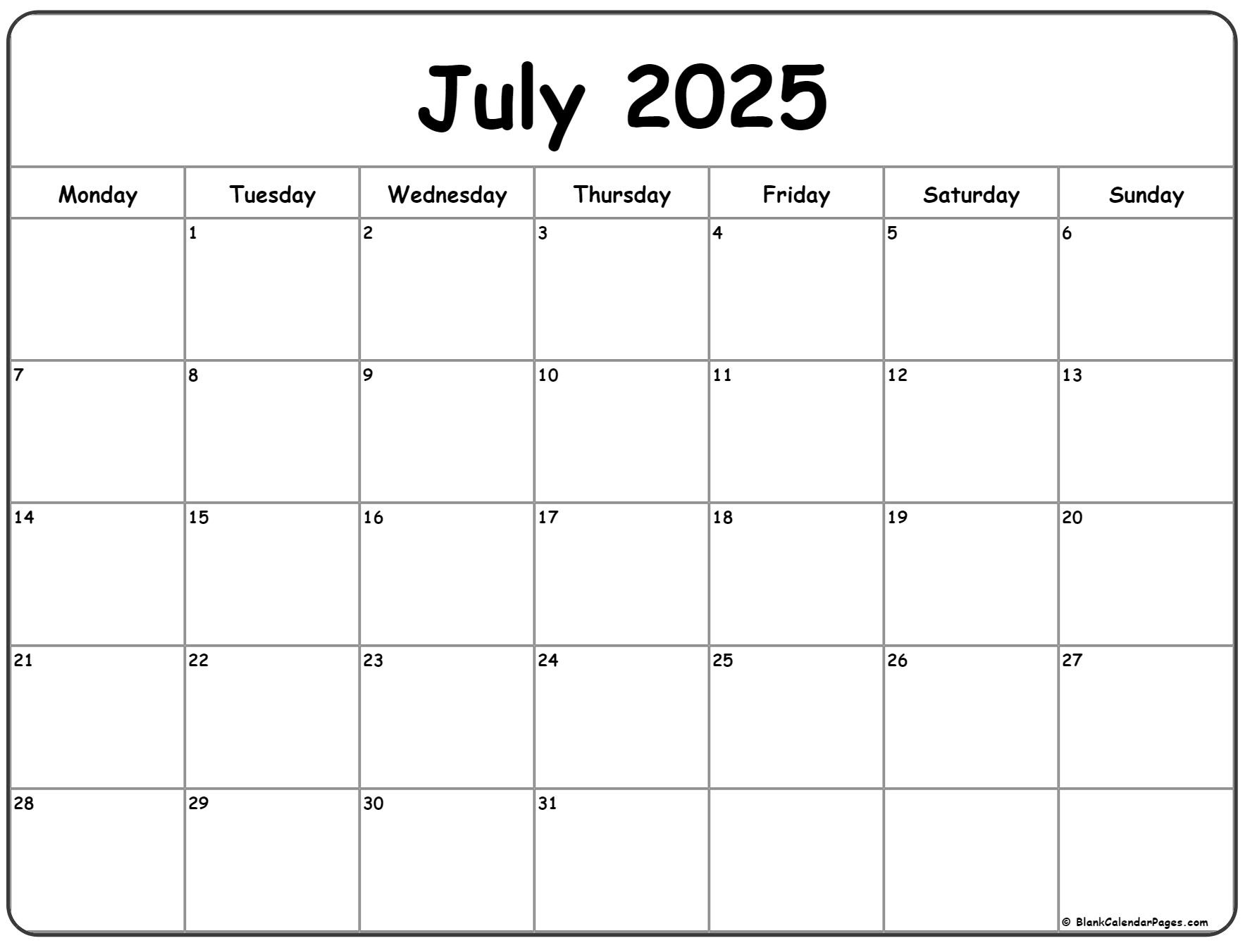 July 2025 Monday Calendar | Monday To Sunday in July Calendar 2025 Monday Start