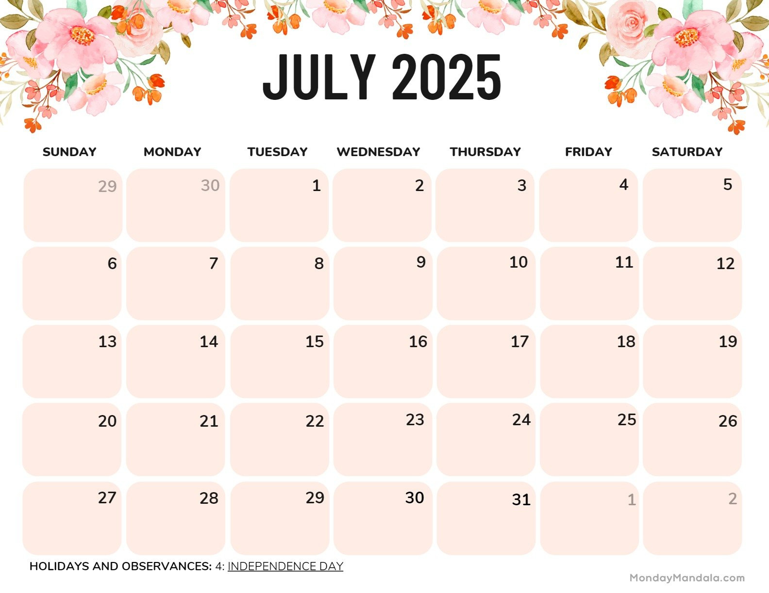 July 2025 Printable Calendar (52 Free Pdf Printables) with regard to July Calendar 2025 Monday Start