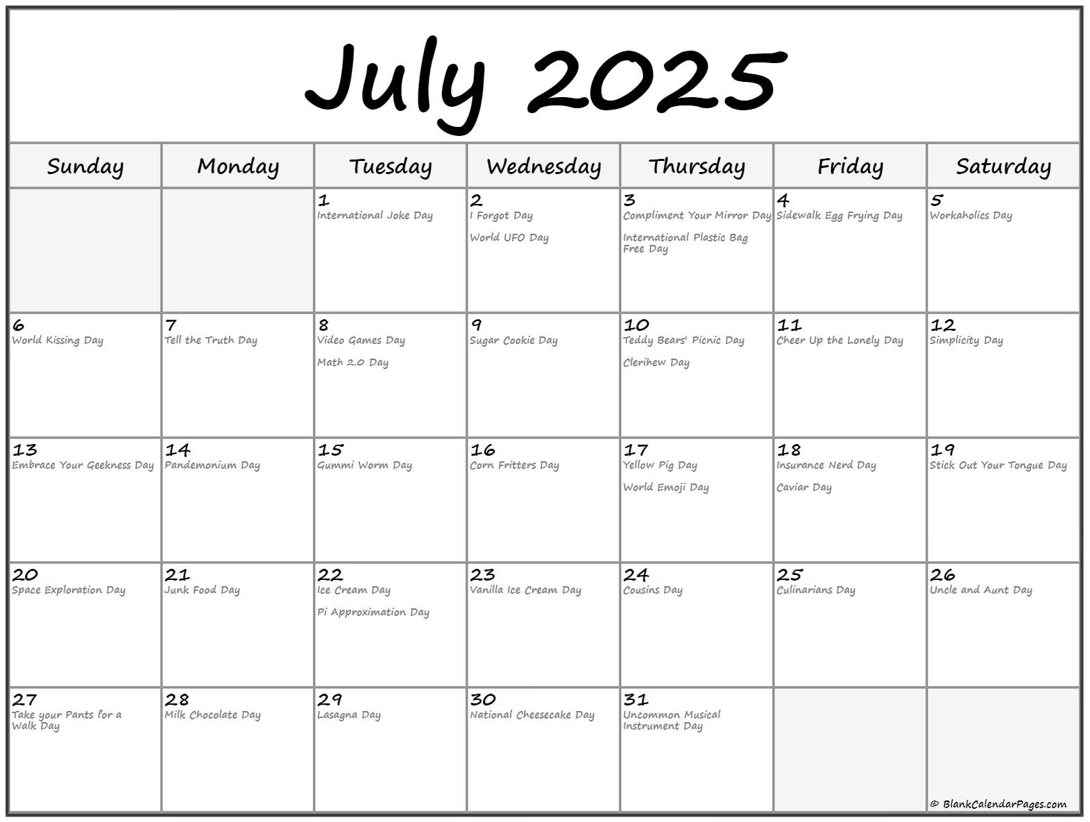 July 2025 With Holidays Calendar pertaining to National Day Calendar July 2025