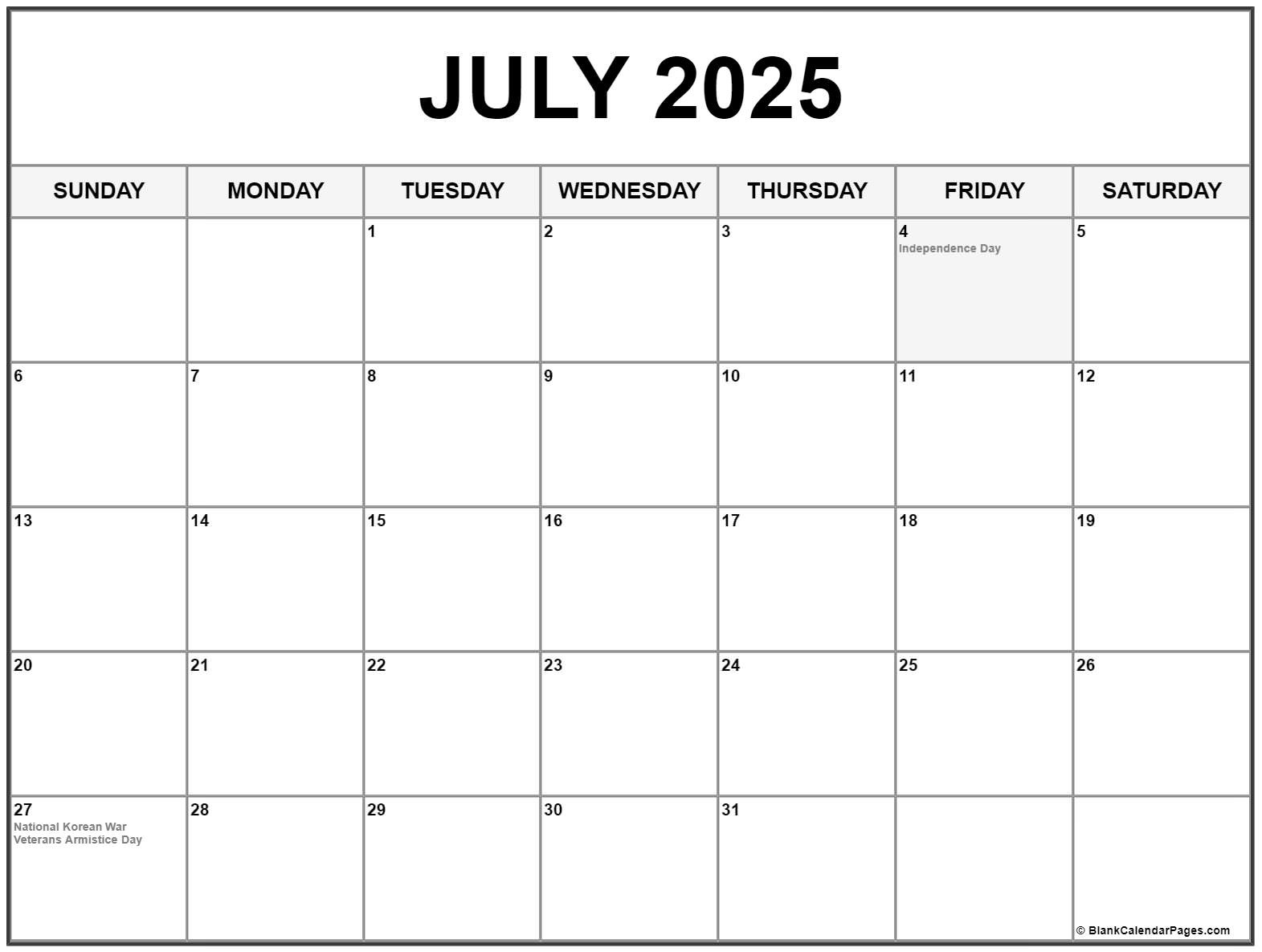 July 2025 With Holidays Calendar with regard to July Calendar 2025 with Holidays