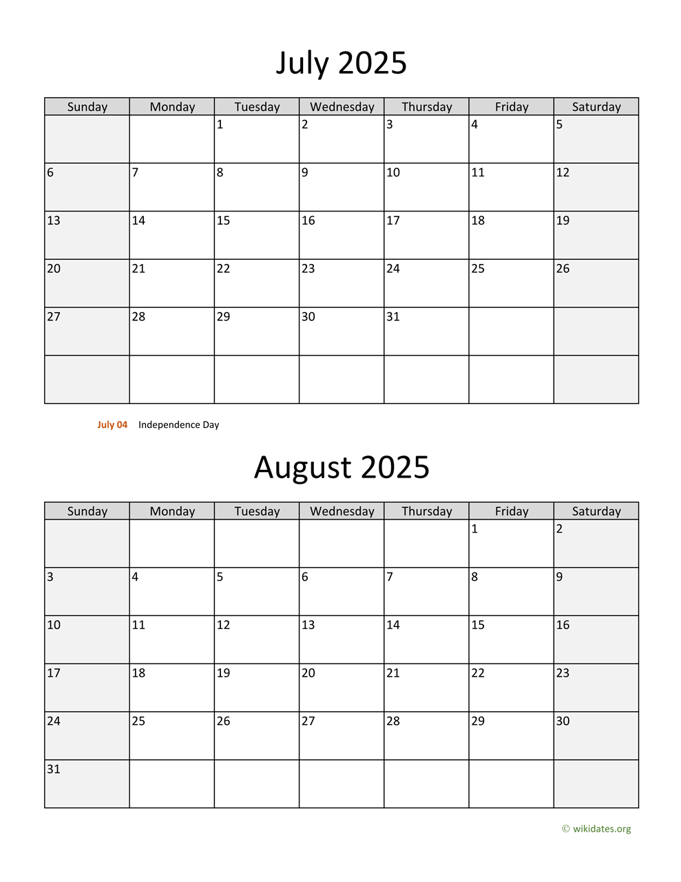 July And August 2025 Calendar | Wikidates inside July August 2025 Calendar