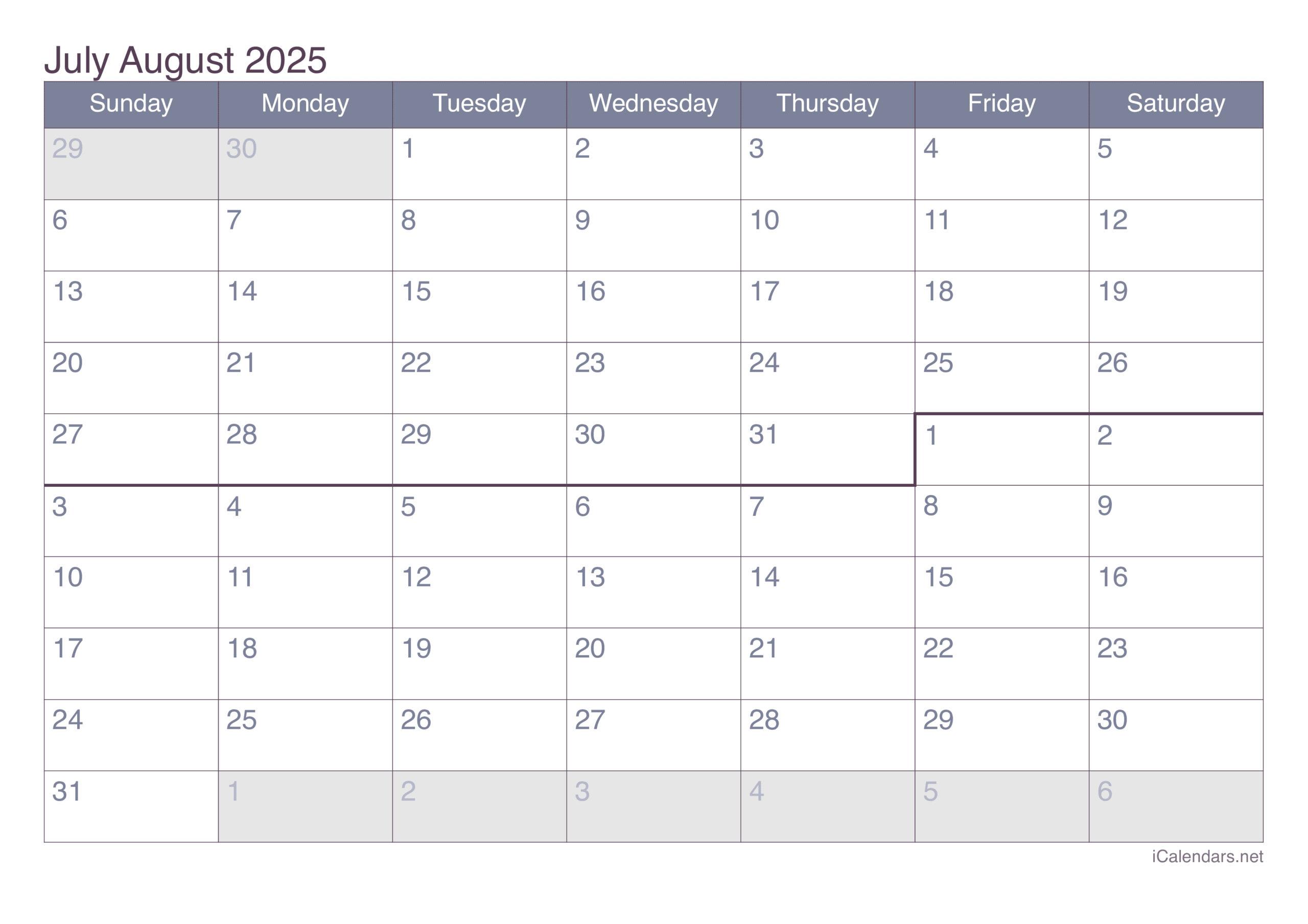 July And August 2025 Printable Calendar for July August 2025 Calendar