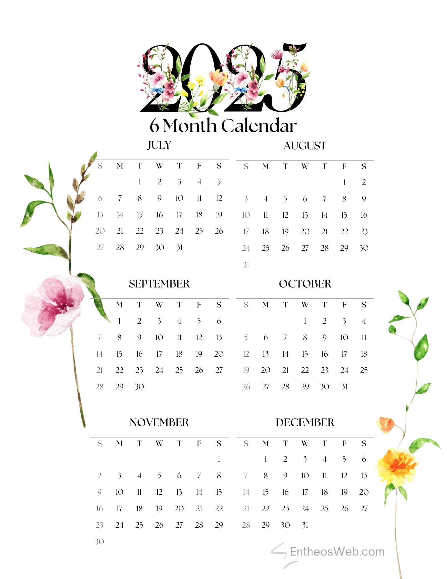 July To December 2025 – 6 Month Calendar Printable | Entheosweb with July to December 2025 Calendar Printable