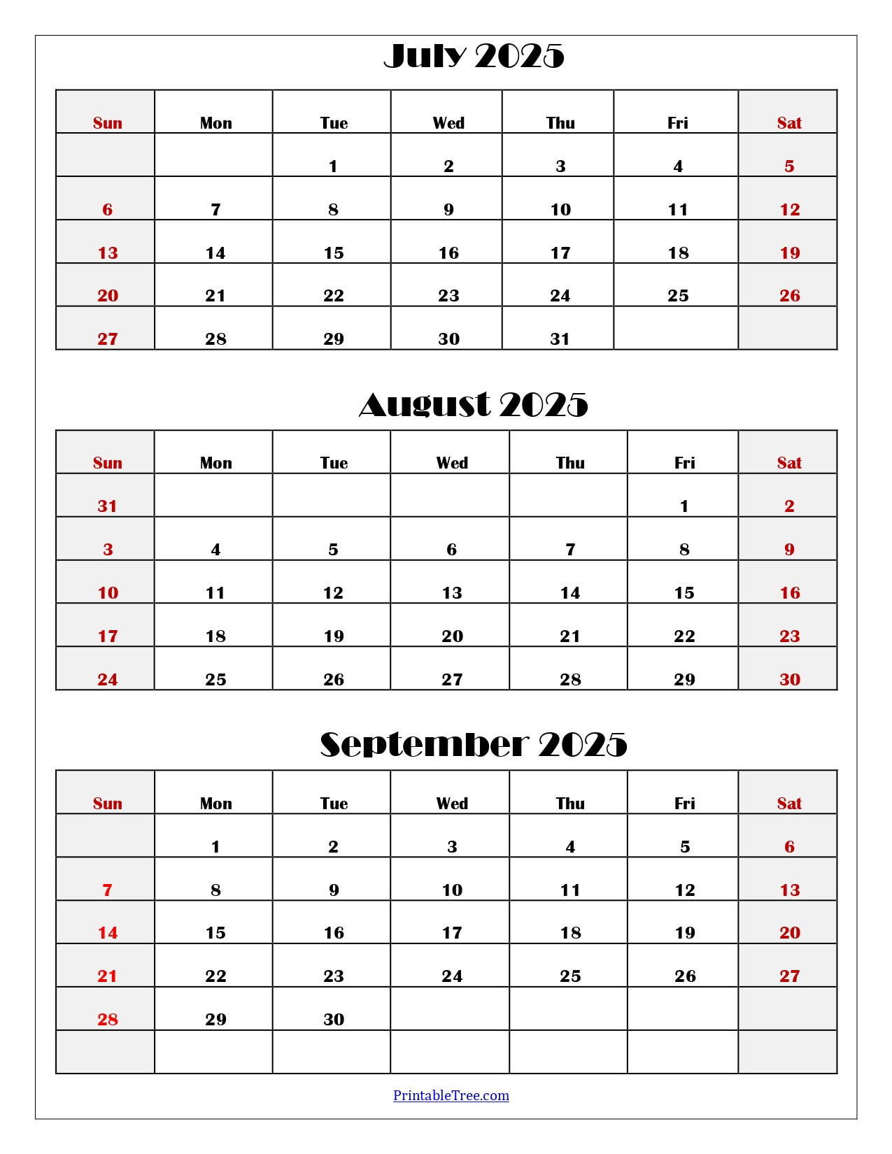 July To September 2025 Calendar Printable Pdf | Three Months Calendar in 3 Month Calendar July August September 2025