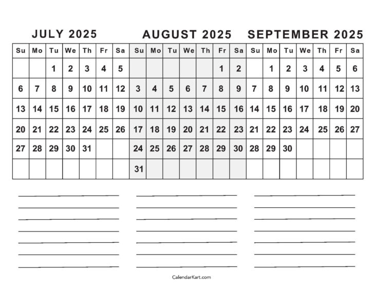 Printable Calendar July August September 2025
