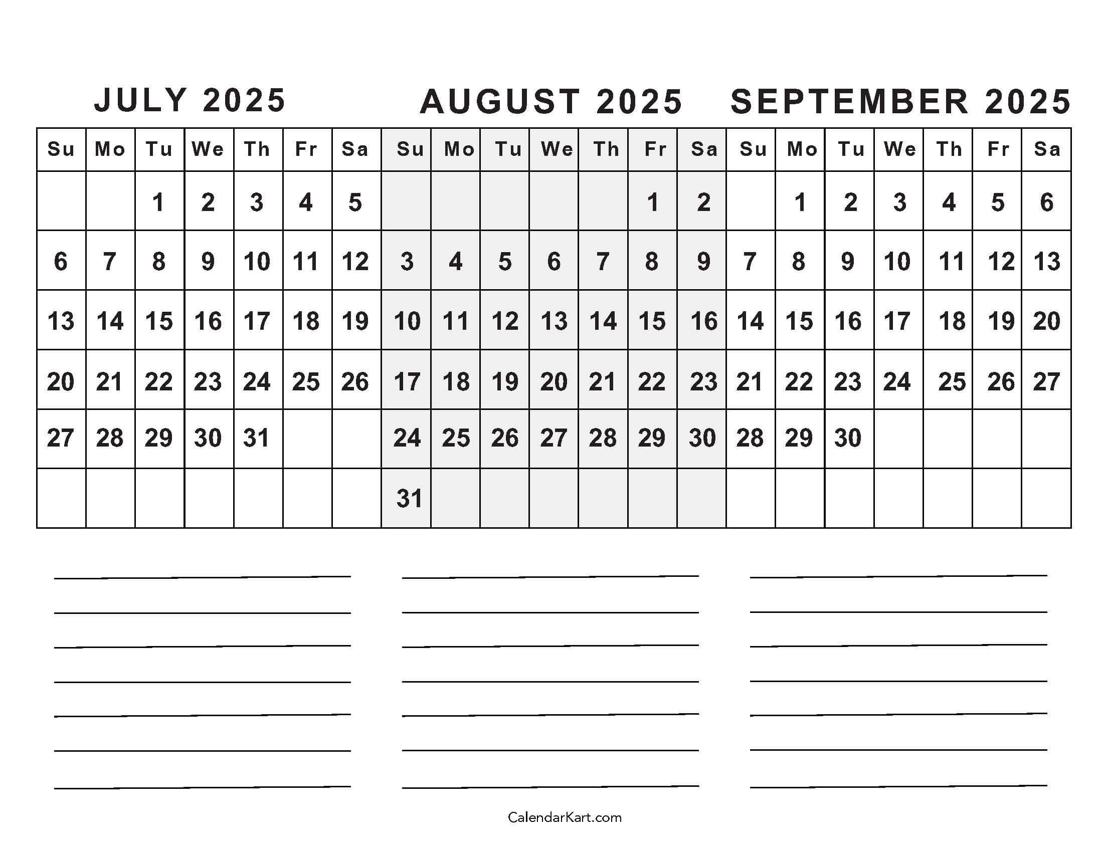 July To September 2025 Calendar (Q3) - Calendarkart with Printable Calendar July August September 2025