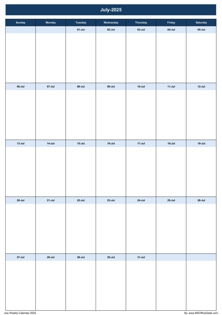 July 2025 Calendar Excel
