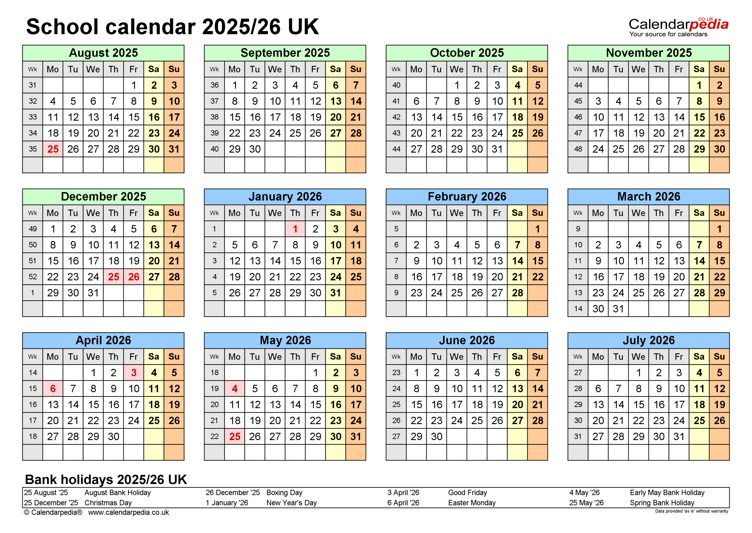 School Calendars 2025/26 Uk - Free Printable Pdf Templates with July 2025 To June 2026 School Calendar